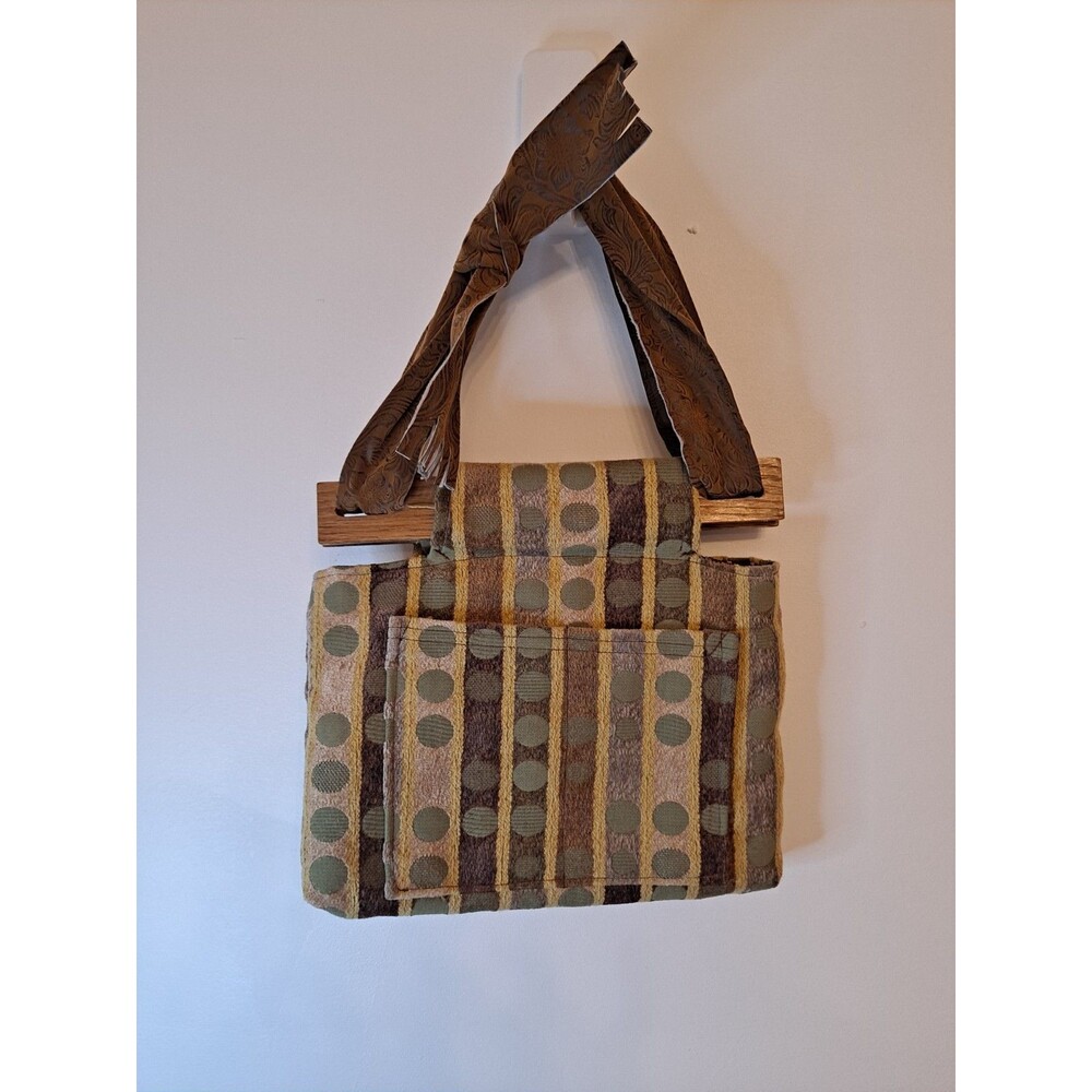 Wooden Handle Tote Bag Dotted Stripes Upholstery Fabric Ribbon Strap 12"x11"x1"